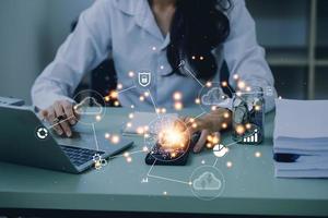 digitale trasformazione modificare gestione, Internet di le cose. nuovo tecnologia bigdata e attività commerciale processi strategia, cliente servizio gestione, nube informatica, inteligente industria. ai tecnologia. foto