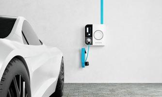 alta velocità ricarica stazione per elettrico veicoli a casa box auto con blu energia batteria caricabatterie. carburante energia e mezzi di trasporto industria concetto. 3d illustrazione interpretazione foto