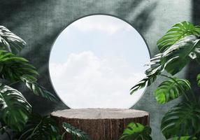 di legno Prodotto Schermo podio nel verde camera con Monstera pianta e luce del sole ombra sfondo. Prodotto presentazione tema. natura e biologico cosmetico e cibo concetto. 3d illustrazione interpretazione foto