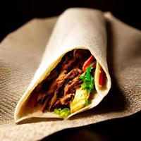 shawarma. doner kebab, fresco verdure e carne. kebab Sandwich vicino su. foto