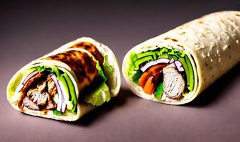 shawarma. doner kebab, fresco verdure e carne. kebab Sandwich vicino su. foto