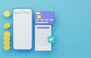 3d interpretazione illustrazione cartone animato minimo in linea pagamento concetto con smartphone. transazione ricevuta in linea pagamento icona, trasferimento i soldi con ATM su smartphone. credito carta, fattura, monete. copia spazio. foto