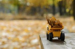 un' piccolo giocattolo giallo camion è caricato con giallo caduto le foglie. il auto sta su un' di legno superficie contro un' sfondo di un' sfocato autunno parco. pulizia e rimozione di caduto le foglie. di stagione lavori foto