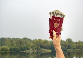 un passaporto straniero e dollari in mano, sullo sfondo della natura. foto