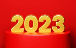 2023 contento nuovo anno. 3d rendere 2023 oro metallico cartello su rosso Schermo podio. realistico 3d 2023 segnaletica per nuovo anno celebrazione bandiera foto