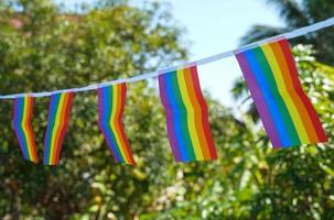 il arcobaleno bandiera decorato al di fuori il Casa su il verde sfondo di il alberi con il mattina sole splendente mostrando forte energia e il stabile posizione di il lgbt le persone. foto