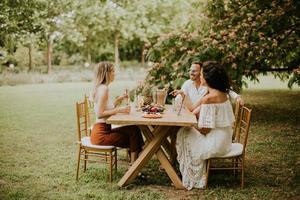 gruppo di contento giovane persone bere fresco limonata e mangiare frutta nel il giardino foto