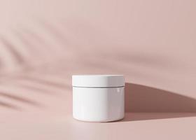 bianca e vuoto, senza marchio cosmetico crema vaso con le foglie ombre su rosa sfondo. pelle cura Prodotto presentazione. elegante modello. cura della pelle, bellezza e spa. vaso con copia spazio. 3d resa. foto