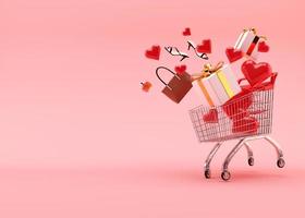 shopping carrello, carrello con regalo scatole, cuori, scarpe, profumo, Borsa su rosa sfondo con gratuito spazio per testo, copia spazio. San Valentino giorno, saldi. 3d illustrazione. foto