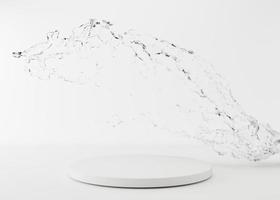 il giro podio con acqua spruzzo su bianca sfondo. finto su per Prodotto, cosmetico presentazione. piedistallo o piattaforma per bellezza prodotti. vuoto scena. freschezza, purezza. 3d resa. foto