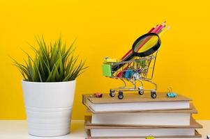 bandiera con posto per testo. scuola forniture nel shopping carrello su mucchio di libri. foto