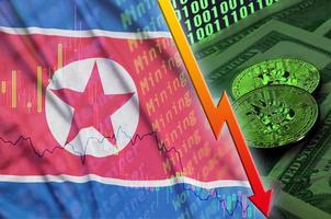 nord Corea bandiera e criptovaluta caduta tendenza con Due bitcoin su dollaro fatture e binario codice Schermo foto