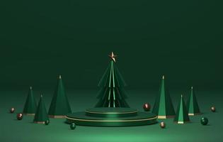 oro orlato podio e verde Natale albero con oro bordo elegante Natale e nuovo anno su verde sfondo. 3d illustrazione, 3d interpretazione foto