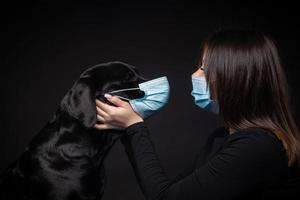 ritratto di un' labrador cane da riporto cane nel un' protettivo medico maschera con un' femmina proprietario. foto