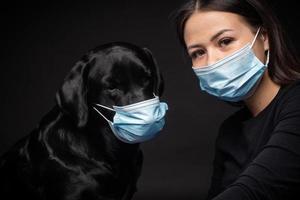 ritratto di un' labrador cane da riporto cane nel un' protettivo medico maschera con un' femmina proprietario. foto