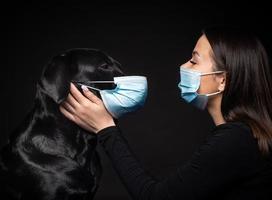 ritratto di un' labrador cane da riporto cane nel un' protettivo medico maschera con un' femmina proprietario. foto