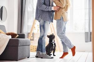 contento giovane moderno coppia in piedi a casa con loro carino cane foto
