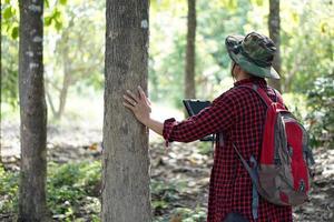 asiatico uomo botanico indossa cappello , rosso plaid camicia e zaino, detiene inteligente tavoletta per dai un'occhiata e sondaggio alberi nel foresta. concetto, utilizzando inteligente dispositivo tecnologia per gestire ambiente e ricerca alberi. foto