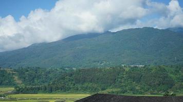 il raccolta giallo riso campo Visualizza collocato nel il valle tra il montagne con il nuvoloso cielo come sfondo foto