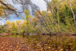 panoramico Visualizza di autunno colorato alberi riflettendo per lago acqua nel provence Sud di Francia foto