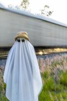 fantasma nel il campagna godendo il sole e il treno passaggio dietro, treno brani foto