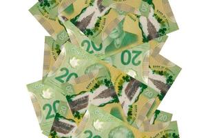 20 canadese dollari fatture volante giù isolato su bianca. molti banconote caduta con bianca copyspace su sinistra e giusto lato foto
