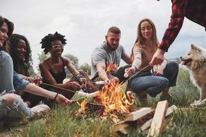 nel casuale Abiti. gruppo di persone avere picnic su il spiaggia. amici avere divertimento a fine settimana tempo foto