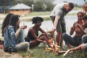 io voglio provare esso. gruppo di persone avere picnic su il spiaggia. amici avere divertimento a fine settimana tempo foto