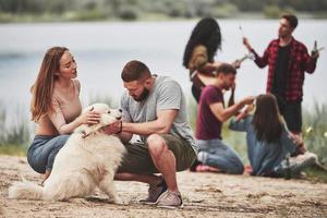 dare me Guarda a voi. gruppo di persone avere picnic su il spiaggia. amici avere divertimento a fine settimana tempo foto