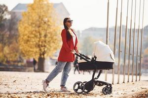 madre nel rosso cappotto avere un' camminare con sua ragazzo nel il carrozzina nel il parco a autunno tempo foto