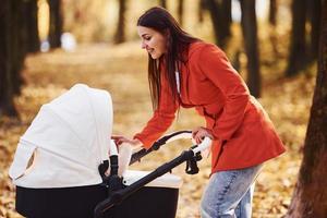 madre nel rosso cappotto avere un' camminare con sua ragazzo nel il carrozzina nel il parco a autunno tempo foto