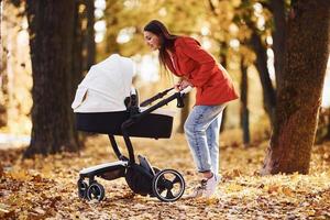 madre nel rosso cappotto avere un' camminare con sua ragazzo nel il carrozzina nel il parco a autunno tempo foto