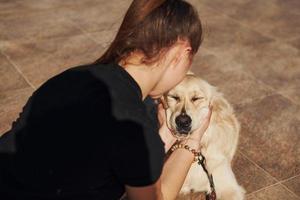 giovane positivo donna avere divertimento con sua cane quando avere un' camminare all'aperto foto