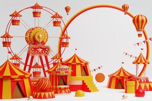 3d divertimento parco, circo, carnevale giusto tema podio con molti cavalcate e negozi circo tenda 3d illustrazione foto