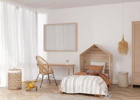 vuoto orizzontale immagine telaio su bianca parete nel moderno bambino camera. finto su interno nel boho stile. gratuito, copia spazio per il tuo immagine. letto, malacca sedia, giocattoli. accogliente camera per bambini. 3d resa. foto