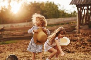 Due poco ragazze insieme su il azienda agricola a estate avendo fine settimana foto