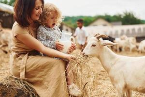 fresco naturale latte. giovane madre con sua figlia è su il azienda agricola a estate con capre foto