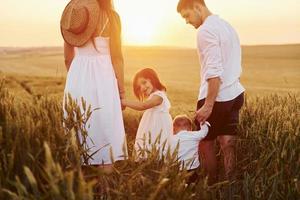 Visualizza a partire dal dietro. famiglia di quattro persone la spesa gratuito tempo su il campo a soleggiato giorno tempo di estate foto