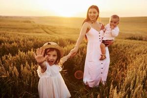 allegro famiglia di madre, poco figlio e figlia la spesa gratuito tempo su il campo a soleggiato giorno tempo di estate foto