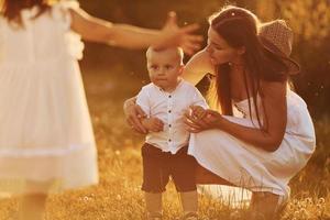 contento famiglia di madre, poco figlio e figlia la spesa gratuito tempo su il campo a soleggiato giorno tempo di estate foto