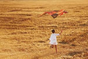 contento poco ragazza in esecuzione con rosso aquilone all'aperto su il campo a estate foto