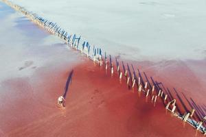 uomo passeggiate vicino di legno confine. aereo Visualizza di maestoso paesaggi di jarilgach isola nel Ucraina foto