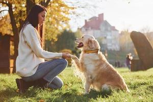 giovane donna avere un' camminare con d'oro cane da riporto nel il parco foto