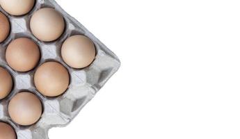 vicino su pollo uova nel carta uovo vassoio su bianca sfondo foto