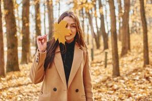 donna nel cappotto avere camminare nel il autunno foresta foto