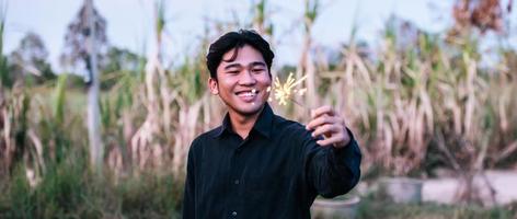 ritratto asiatico giovane uomo hold ardente sparkler Sorridi con contento nel Mais campo foto