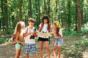 utilizzando carta geografica per trova un' modo. bambini passeggiando nel il foresta con viaggio attrezzatura foto
