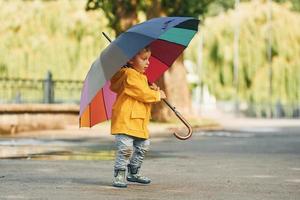 poco ragazzo nel giallo cappotto avere un' camminare all'aperto nel il parco dopo il pioggia foto