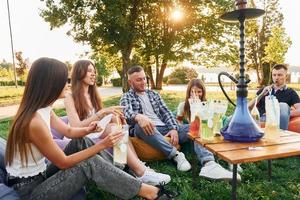 parlando con ogni Altro. gruppo di giovane persone avere un' festa nel il parco a estate giorno foto