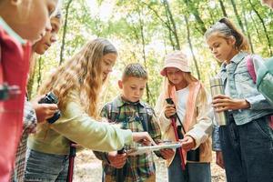 utilizzando carta geografica. bambini nel verde foresta a estate giorno insieme foto